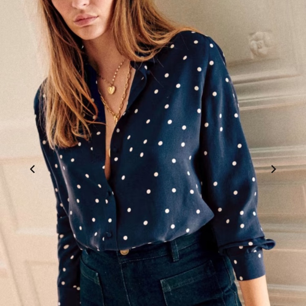 Sezane Ann Silk Blouse size US 4 FR 36 Navy with ecru polka dot